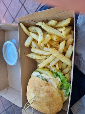 Burger on gf with chips. Yum!! at Cafe Vie Sunshine Coast in Buderim