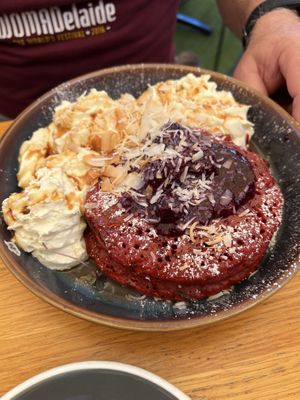 Red Velvet Pancakes $22.50  at Cafe Vie Sunshine Coast in Buderim