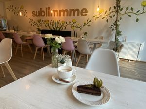 The Angelina raw chocolate cake with soya flat white at Sublimmme in Bucharest