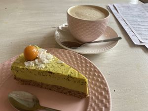 Lemon & poppy cake and cappuccino with soy milk   at Sublimmme in Bucharest