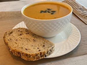 Pumpkin cream soup with coconut cream, part of the Tuesday menu of the day (with a wrap for 42 lei)  at Sublimmme in Bucharest