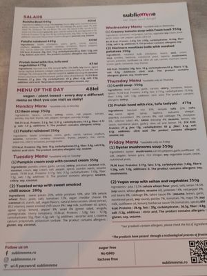 Menu at Sublimmme in Bucharest