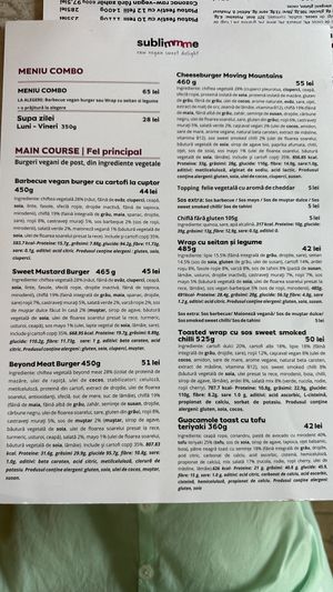 Menu  at Sublimmme in Bucharest