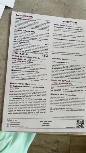 Weekly menu  at Sublimmme in Bucharest