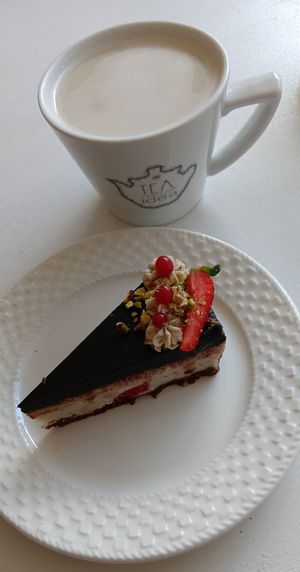 Chocolate torte, chai tea on oat milk at Sublimmme in Bucharest