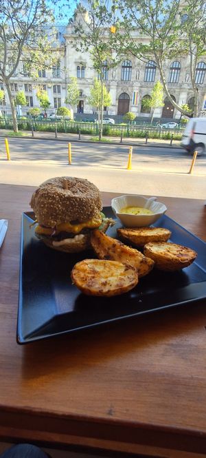 Proteit burger with sweet mustard sauce and maia bun at Sublimmme in Bucharest