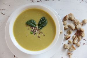 Broccoli cream soup with croutons. Such a delight!  at Sublimmme in Bucharest