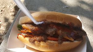 Vegan Jamaicvan jerk sandwich at Grand Lake Farmers Market in Oakland