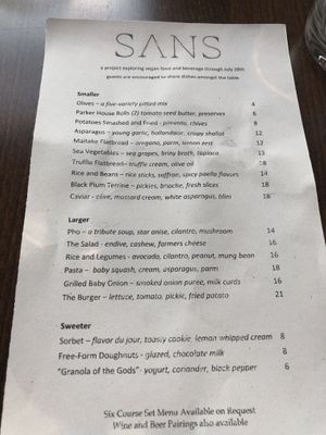 Food menu at Sans in Brooklyn
