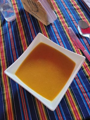 sopita cremosa de calabaza con coco at Alma Natura in Medellin