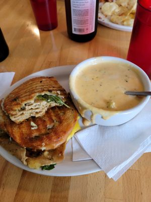 Turkey pesto sandwich with cheddar broccoli soup. at Vegan East in Minneapolis