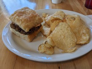 Breakfast sandwich and chips at Vegan East in Minneapolis