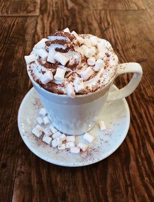 A delicious hot chocolate with vegan cream on top!! (And marshmallows) at Sky Blue Cafe in Bath