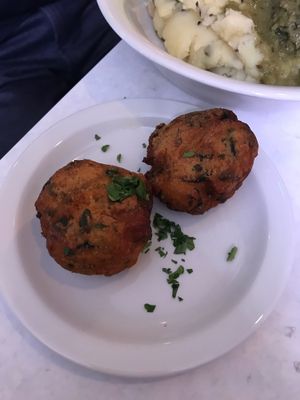 Spinach and potato cakes  at Suncraft in Bristol