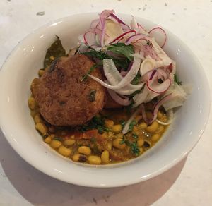 spiced potato and spinach curry with black-eyed bean curry at Suncraft in Bristol