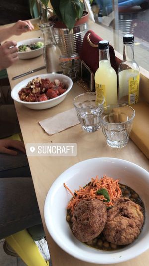 Dish on the right is potato cakes main at Suncraft in Bristol