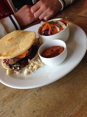 Dish with sweet potato, black beans and corn 'bread' at Suncraft in Bristol