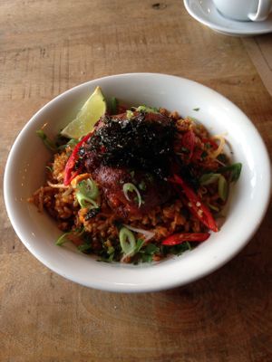 Kimchi fried rice with fritters at Suncraft in Bristol