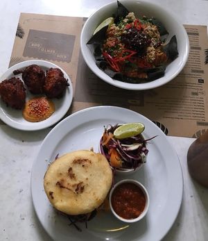 Corn erapos, chilli sin carne and kimchi fritters at Suncraft in Bristol