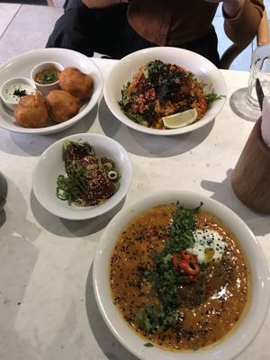 Dahl, sides and kimchi fried rice at Suncraft in Bristol