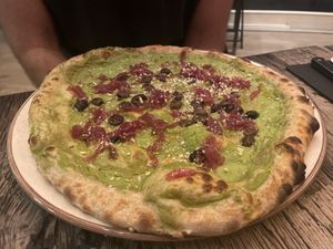 Vegana, broccoli sauce with caramelized onions, olives and breadcrumbs  at Amuni in Bruges