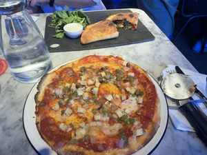 Calzone and sloppy vegan  at Pizza Express in Bishops Stortford