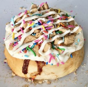 Cake Batter Frosting with Cookie Pieces & Rainbow Sprinkles! at Cinnaholic in Winnipeg
