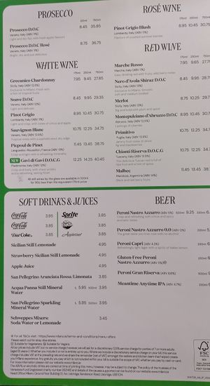 Menu as of February 2025 at Milano - Clarion Quay in Dublin