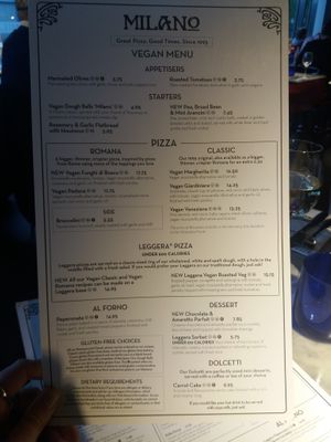 Vegan menu at Milano - Grand Canal Harbour in Dublin