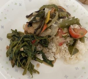 Morning glory and green curry.  Both super yummy!  at Ssong Thai in Seoul