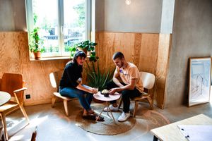 Have some coffee with oatmilk and try the vegan Banana Bread at Karma Food - Ausstellungsstrasse in Vienna