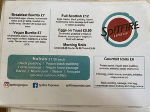 menu 2/2 at Spitfire Espresso in Glasgow
