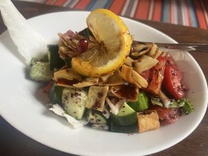 Freshly prepared fattoush salad  at Al Sham in Dushanbe