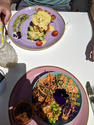 Vegan Buddha bowl and vegan creme waffles with egg at Creme Cafe in Lanzarote