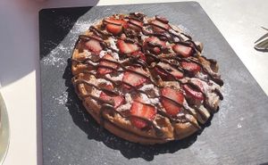 Waffles vegan choc and strawberries  at Creme Cafe in Lanzarote
