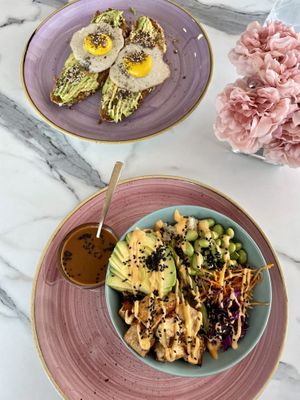 Buddha bowl & vegan fried egg on avocado bread   at Creme Cafe in Lanzarote