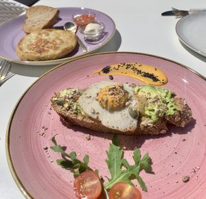 Vegan omelette & vegan fried egg on avocado bread   at Creme Cafe in Lanzarote