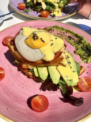 Vegan egg, vegan bacon brunch waffle 💚💚💚 at Creme Cafe in Lanzarote