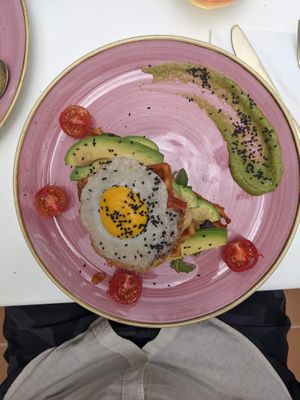 Vegan fried egg on toast with avocado's, Buddha bowl, creme waffles at Creme Cafe in Lanzarote