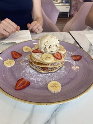 Vegan pancake with banana, strawberries and vegan cookie dough ice cream.  at Creme Cafe in Lanzarote