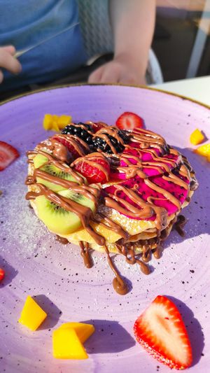 Pancakes with seasonal fruits and vegan nutella at Creme Cafe in Lanzarote