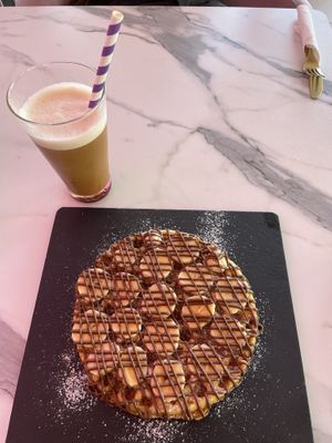 Waffle with banana, vegan Nutella and Caramel frape   at Creme Cafe in Lanzarote