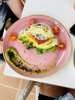 Crème waffle topped with vegan bacon and vegan egg  at Creme Cafe in Lanzarote