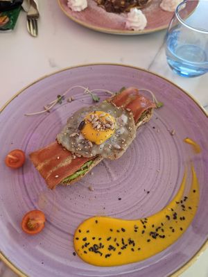 Fried egg on toast with added bacon   at Creme Cafe in Lanzarote