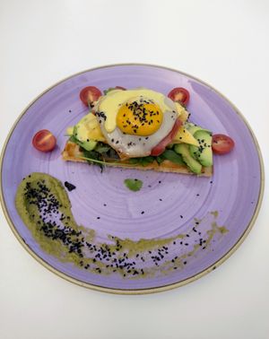 Creme waffle (with extras of avocado and vegan bacon) at Creme Cafe in Lanzarote