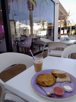 Vegan tortilla and iced americano with oat milk at Creme Cafe in Lanzarote