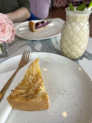 Apple cake and smoothie, and at the back blueberry cheesecake   at Creme Cafe in Lanzarote
