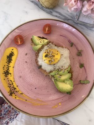 Vegan fried egg on avocado toast  at Creme Cafe in Lanzarote