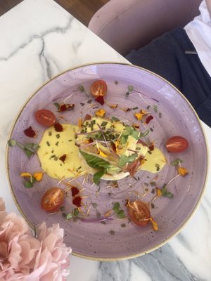 Vegan eggs Bennie + avocado + baconn  at Creme Cafe in Lanzarote