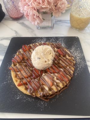 Waffle with vegan Nutella, strawberries and vegan cookie dough ice creamm  at Creme Cafe in Lanzarote